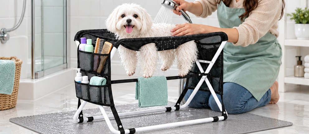 A groomer bathing a white Maltese in the grooming hammock on its stand in a bathroom
