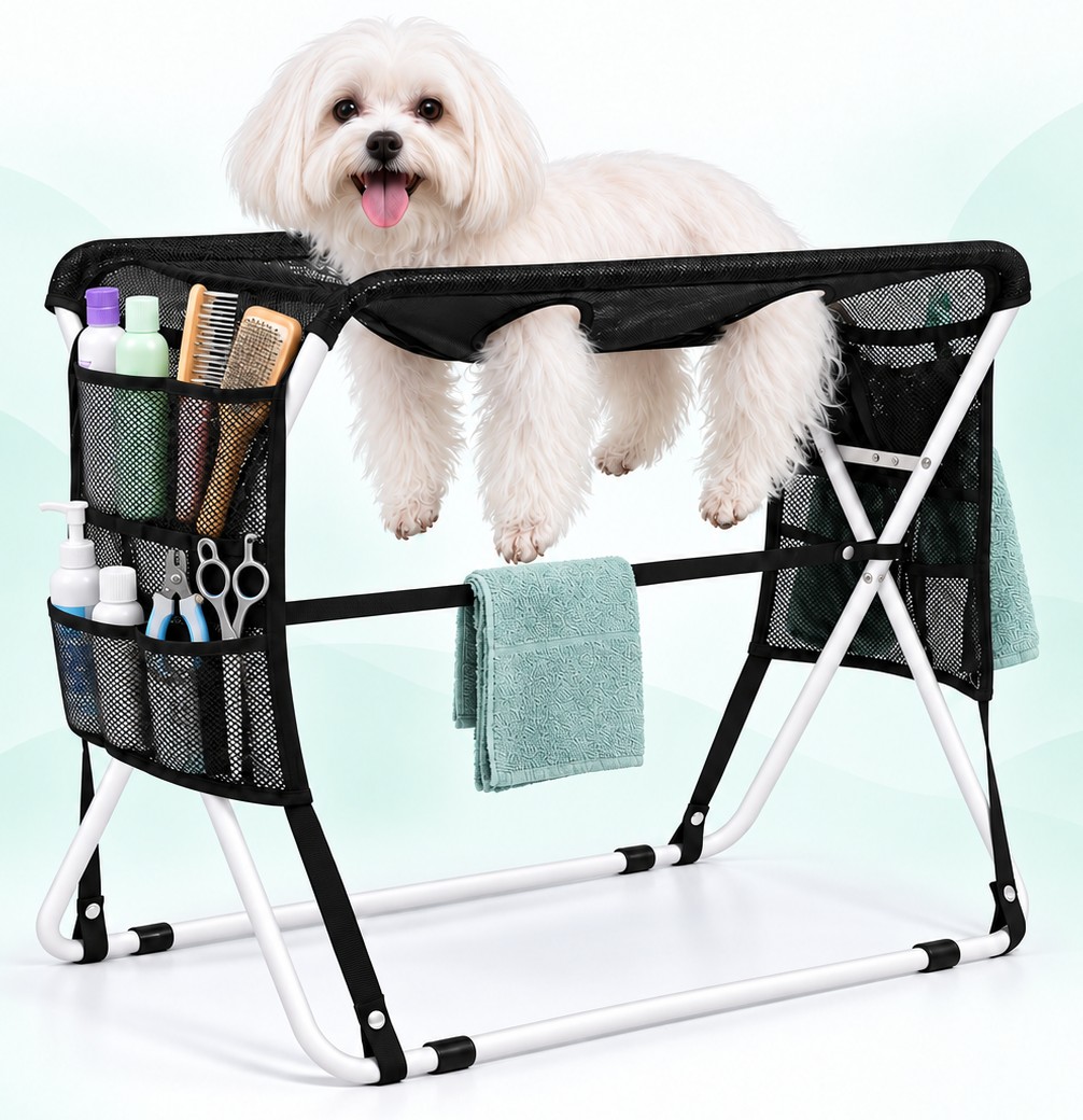 A white Maltese resting in the black mesh hammock, legs through the openings, on the white folding stand