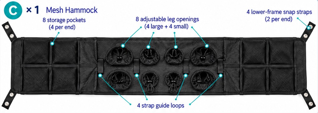 The mesh hammock laid flat: storage pockets at each end, eight drawstring leg openings in the middle, strap guide loops, and snap straps at the corners