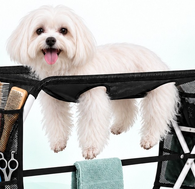 Close-up of a Maltese in the hammock with all four legs through the openings and paws hanging free